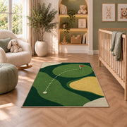 Minimal golf green rug in a nursery with a crib and armchair