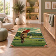 Vintage golfer poster rug in a nursery with a crib and armchair
