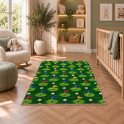 Golf flags pattern rug in a nursery with a crib and armchair