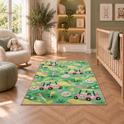 Kids golf rug in a nursery with a crib and armchair