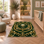 Golf club crest rug in a nursery with a crib and armchair