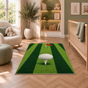 Fairway stripes rug in a nursery with a crib and armchair