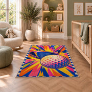 Pop art golf rug in a nursery with a crib and armchair