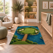 Island green rug in a nursery with a crib and armchair