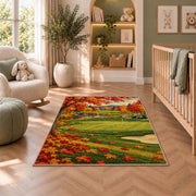 Autumn golf course rug in a nursery with a crib and armchair