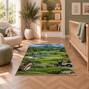 Mountain golf course rug in a nursery with a crib and armchair