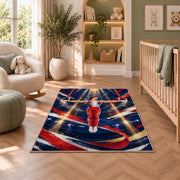 Gymnastics Still Rings Rug in a nursery with a crib and armchair