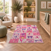 Pink Checkered Gymnastics Rug in a nursery with a crib and armchair
