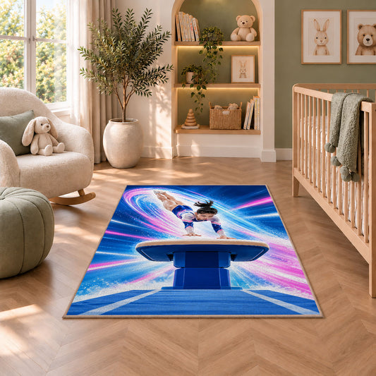Gymnastics Vault Rug in a nursery with a crib and armchair