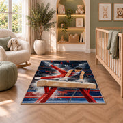Pommel Horse Gymnastics Rug in a nursery with a crib and armchair