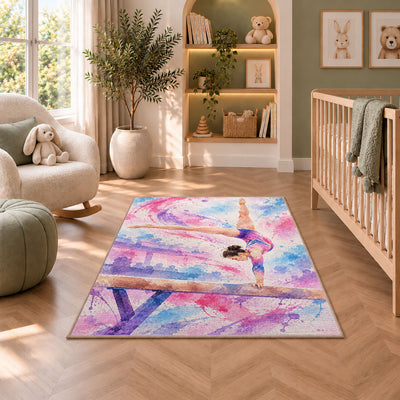 Watercolor Gymnast Rug in a nursery with a crib and armchair