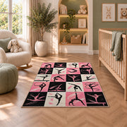 Gymnastics Poses Grid Rug in a nursery with a crib and armchair