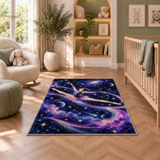 Galaxy Gymnast Rug in a nursery with a crib and armchair