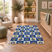 Checkered Hanukkah Rug in a nursery with a crib and armchair