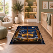 Menorah Window Rug in a nursery with a crib and armchair