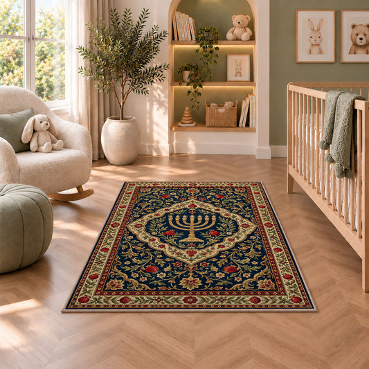 Persian Style Menorah Rug in a nursery with a crib and armchair