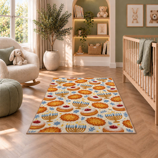 Sufganiyot and Latke Rug in a nursery with a crib and armchair