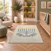 Minimalist Menorah Line Art Rug in a nursery with a crib and armchair