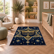 Star of David Menorah Rug in a nursery with a crib and armchair