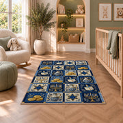 Hanukkah Patchwork Rug in a nursery with a crib and armchair