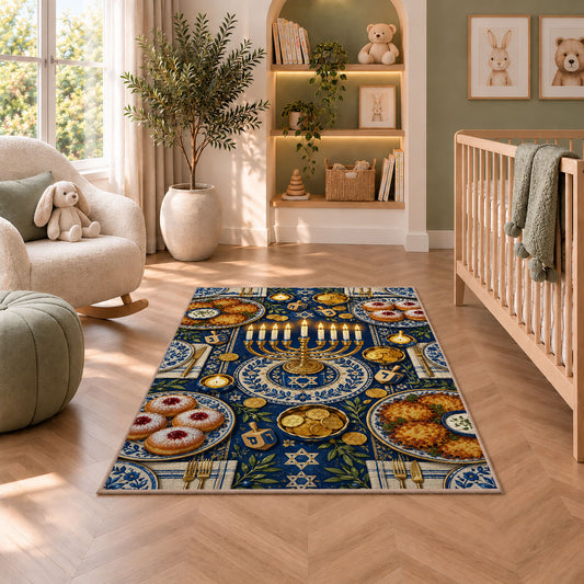 Hanukkah Table Rug in a nursery with a crib and armchair