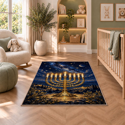 Menorah Starry Night Rug in a nursery with a crib and armchair