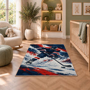Hockey Player Ice Spray rug in a nursery with a crib and armchair