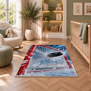 Puck Hitting the Net rug in a nursery with a crib and armchair