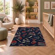 Hockey Gear Pattern rug in a nursery with a crib and armchair