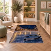 Backyard Rink at Night rug in a nursery with a crib and armchair