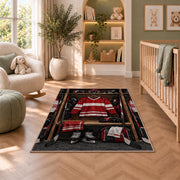 Hockey Locker Room rug in a nursery with a crib and armchair