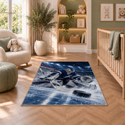 Goalie Making the Save rug in a nursery with a crib and armchair