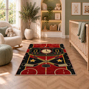 Retro Hockey Scoreboard rug in a nursery with a crib and armchair