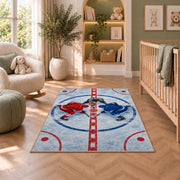 Faceoff at Center Ice rug in a nursery with a crib and armchair