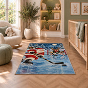Santa Plays Hockey rug in a nursery with a crib and armchair
