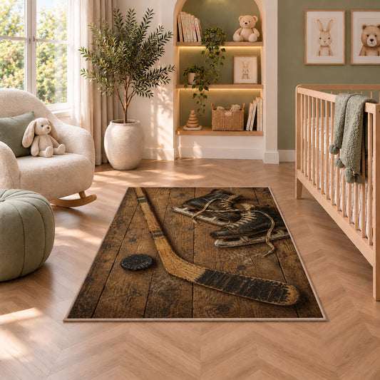 Vintage Hockey Stick and Skates rug in a nursery with a crib and armchair