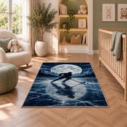 Hockey Player Under the Moon rug in a nursery with a crib and armchair