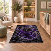 A grinning skeletal creature reaching from a violet vortex above a dark cemetery rug in a nursery seating area
