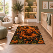 A glowing jack-o-lantern over an orange spiral with pumpkins and curling vines rug in a nursery seating area