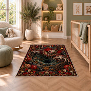 A sinister clown above a swirling pit surrounded by red balloons and carnival details rug in a nursery seating area