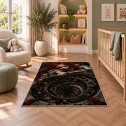 An eerie red-haired doll gripping a skull-lined spiral stone well rug in a nursery seating area