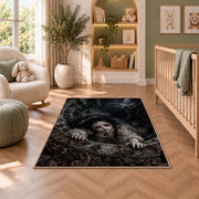 A dark-haired antique doll climbing over a deep circular stone shaft rug in a nursery seating area