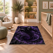 A screaming hooded specter hovering above a purple swirling abyss rug in a nursery seating area