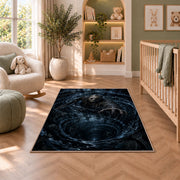 A masked figure reaching out from a dark flooded stone vortex rug in a nursery seating area