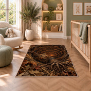 A ragged scarecrow with glowing eyes rising beside an autumn-leaf spiral rug in a nursery seating area