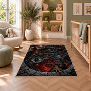 A gathering of eerie creatures surrounding a glowing red spiral pit rug in a nursery seating area