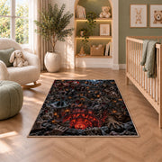 An ensemble of sinister figures framing a fiery descending castle abyss rug in a nursery seating area