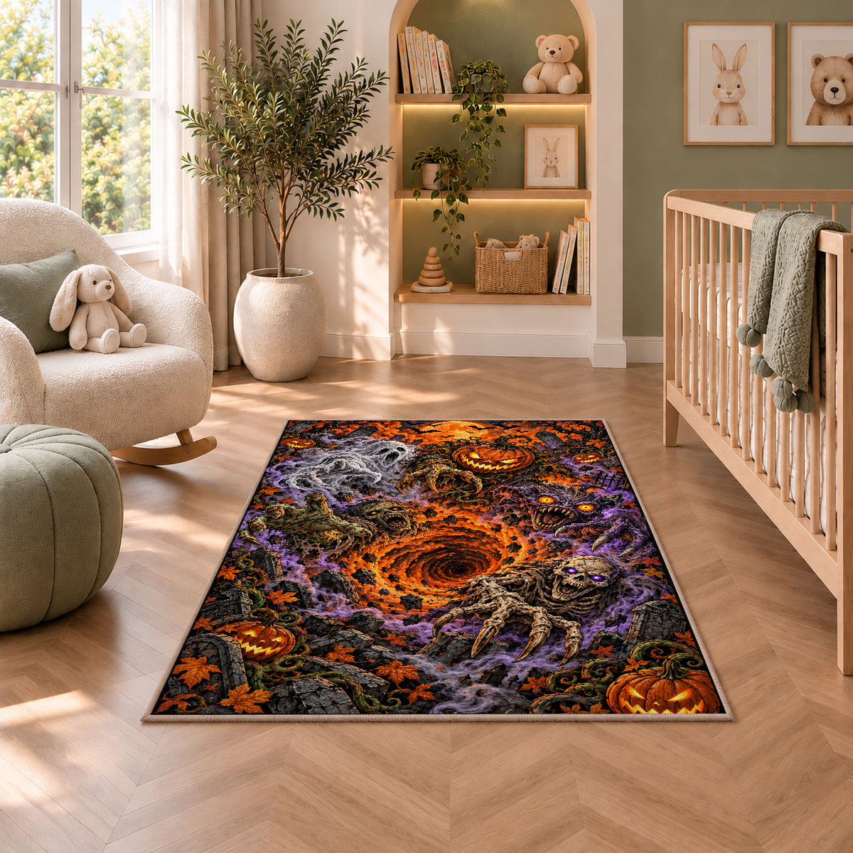 Skeleton and jack-o'-lantern graveyard vortex area rug in a nursery seating area