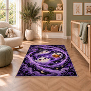Cute ghost purple swirl area rug in a nursery seating area