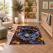 Black cat witch cauldron galaxy area rug in a nursery seating area